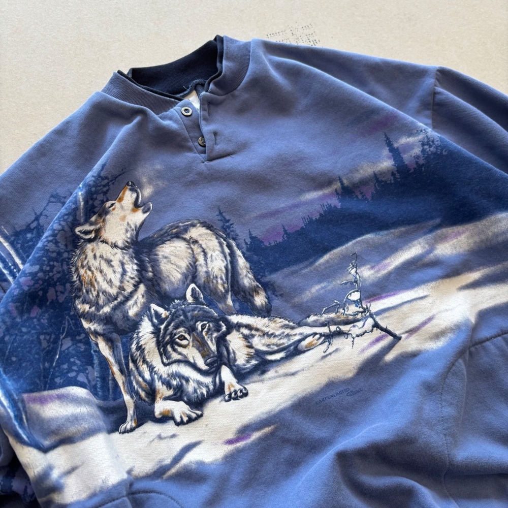 Vintage 90s Art‎ Unlimited Sportswear Wolf Henley Sweatshirt XL